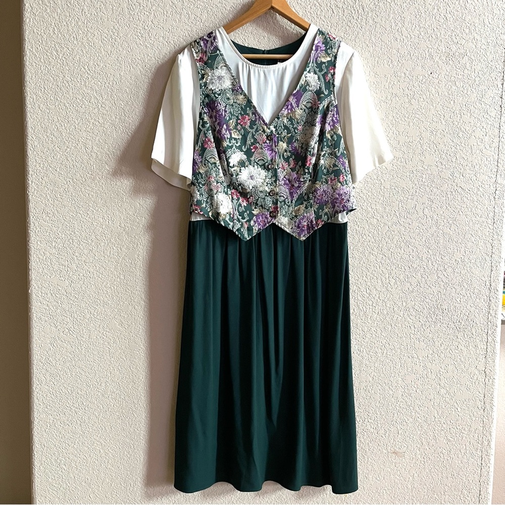 Vintage Whirlaway petite 16W Vest Dress Green Teacher Secretary Hobbit‎ Twee 80s